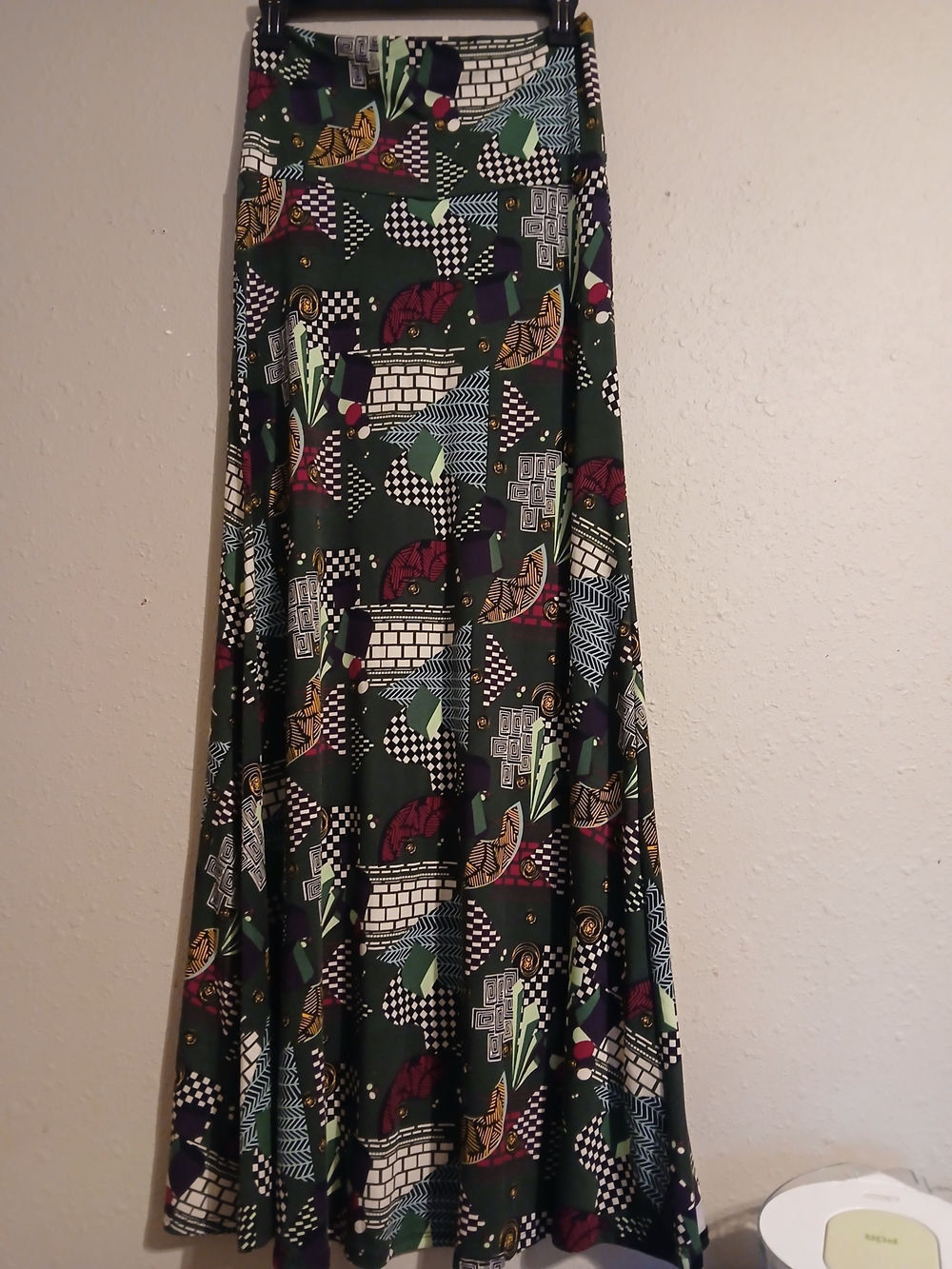 Printed Green Maxi Skirt with Geometric Motif